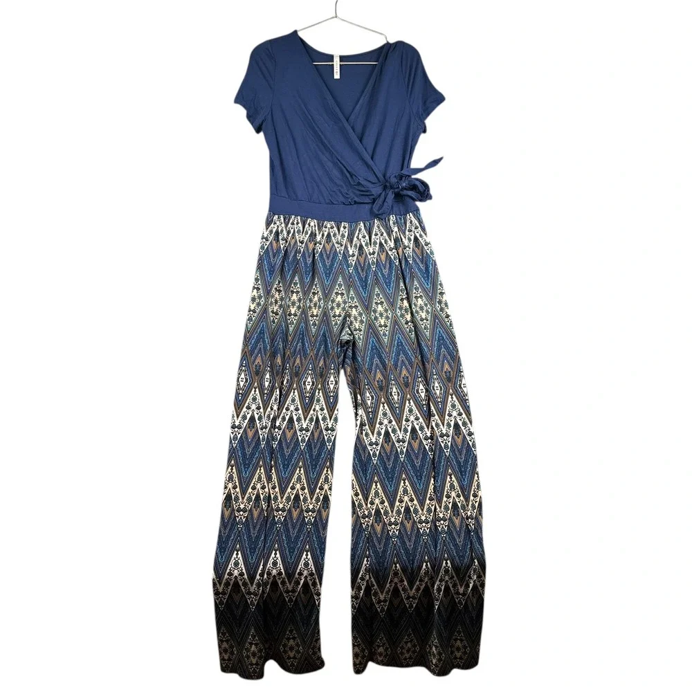 Gilli USA Navy Blue Geometric Print Wrap Jumpsuit Wide Leg  Large Palazzo 441‎